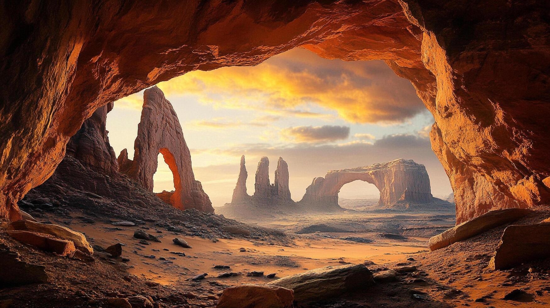 Dramatic desert landscape with unique rock formations viewed from cave opening, against colorful sky at sunrise or sunset. Arches, and monoliths. photo
