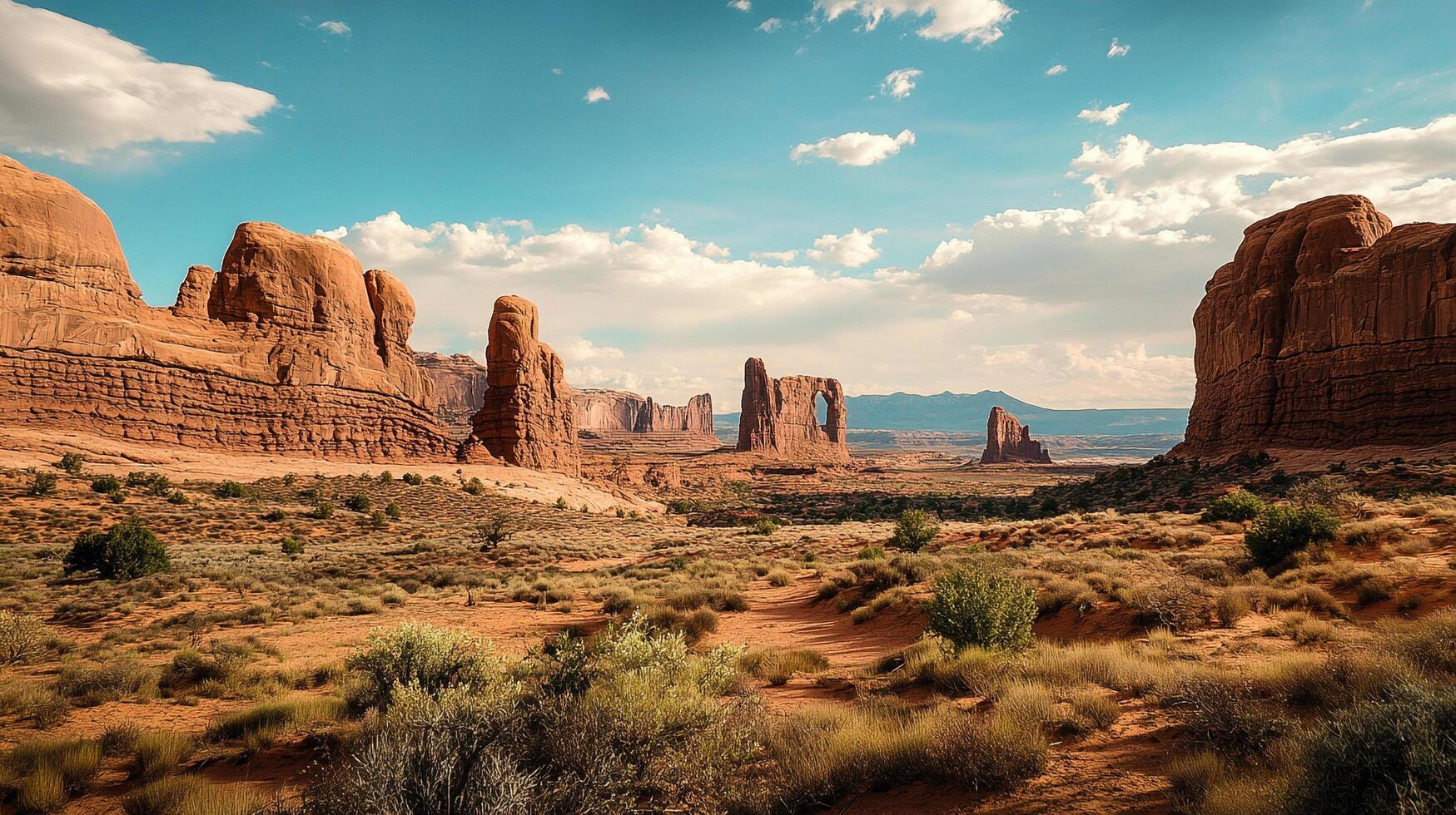 Vast desert landscape with towering sandstone buttes under a partly cloudy blue sky, capturing the rugged beauty of the American Southwest. photo