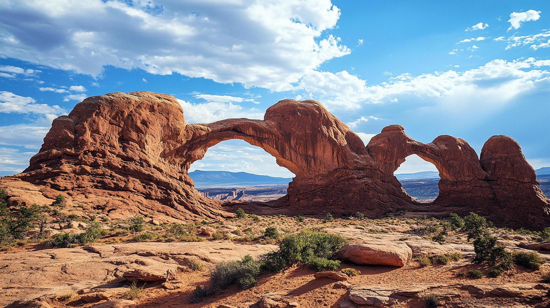 Majestic rock arches against a blue sky with clouds, sculpted by time and nature. A desert landscape of sandstone formations. photo