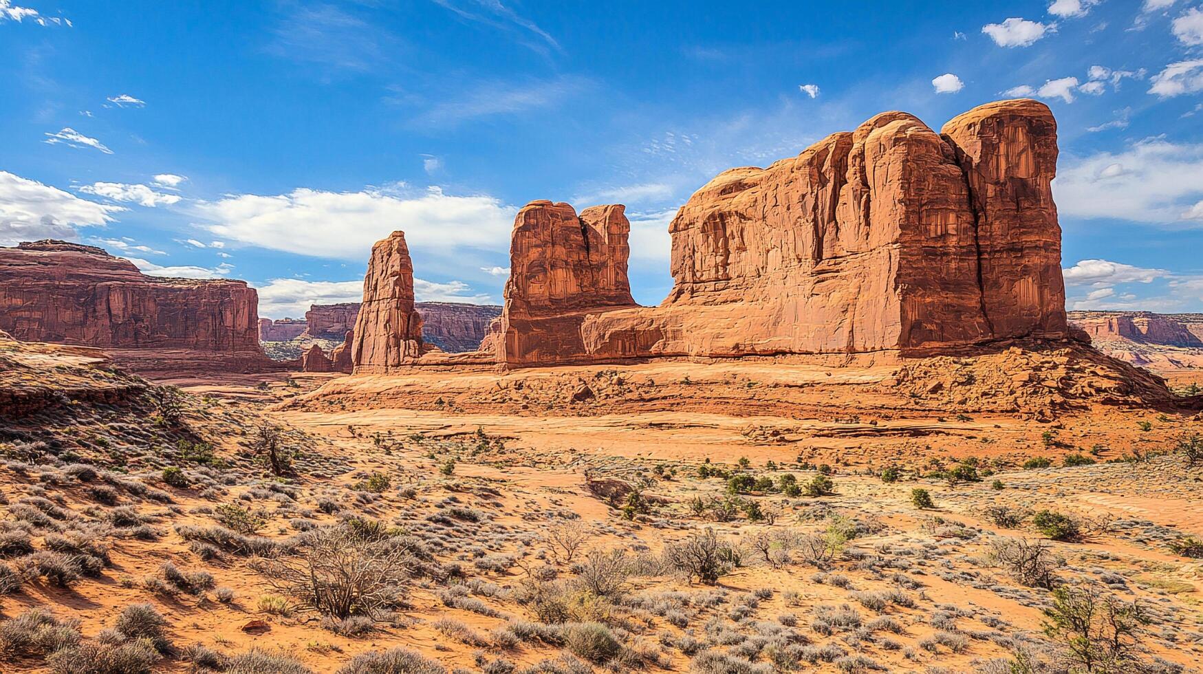 Striking desert landscape with towering sandstone formations under a bright blue sky, highlighting the majestic beauty of the arid region. photo