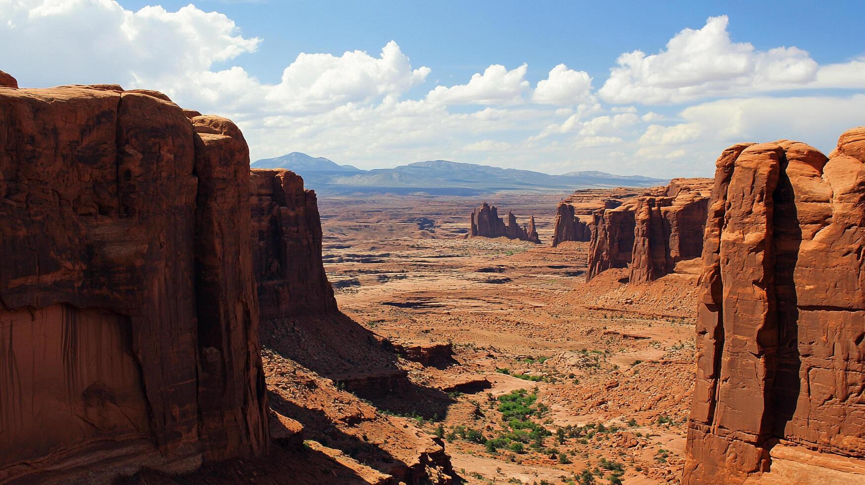 Vast desert landscape framed by towering sandstone cliffs under a bright blue sky with scattered white clouds on a sunny day. photo