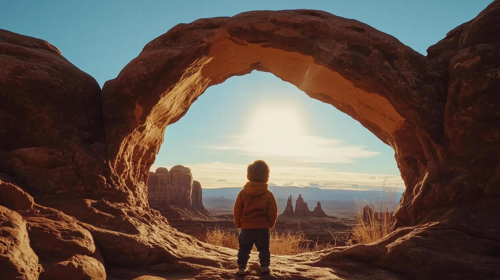 Child gazing at sunset through a natural rock arch in a desert landscape. A scene of wonder and discovery. Orange, and blue tones fill the sky. photo