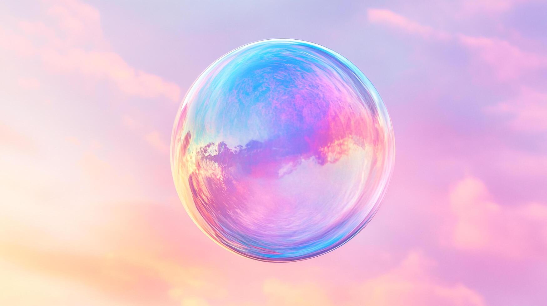A shimmering iridescent sphere floats against a soft, pastel sky, capturing the dreamy essence of a bubble reflecting a colorful world. photo