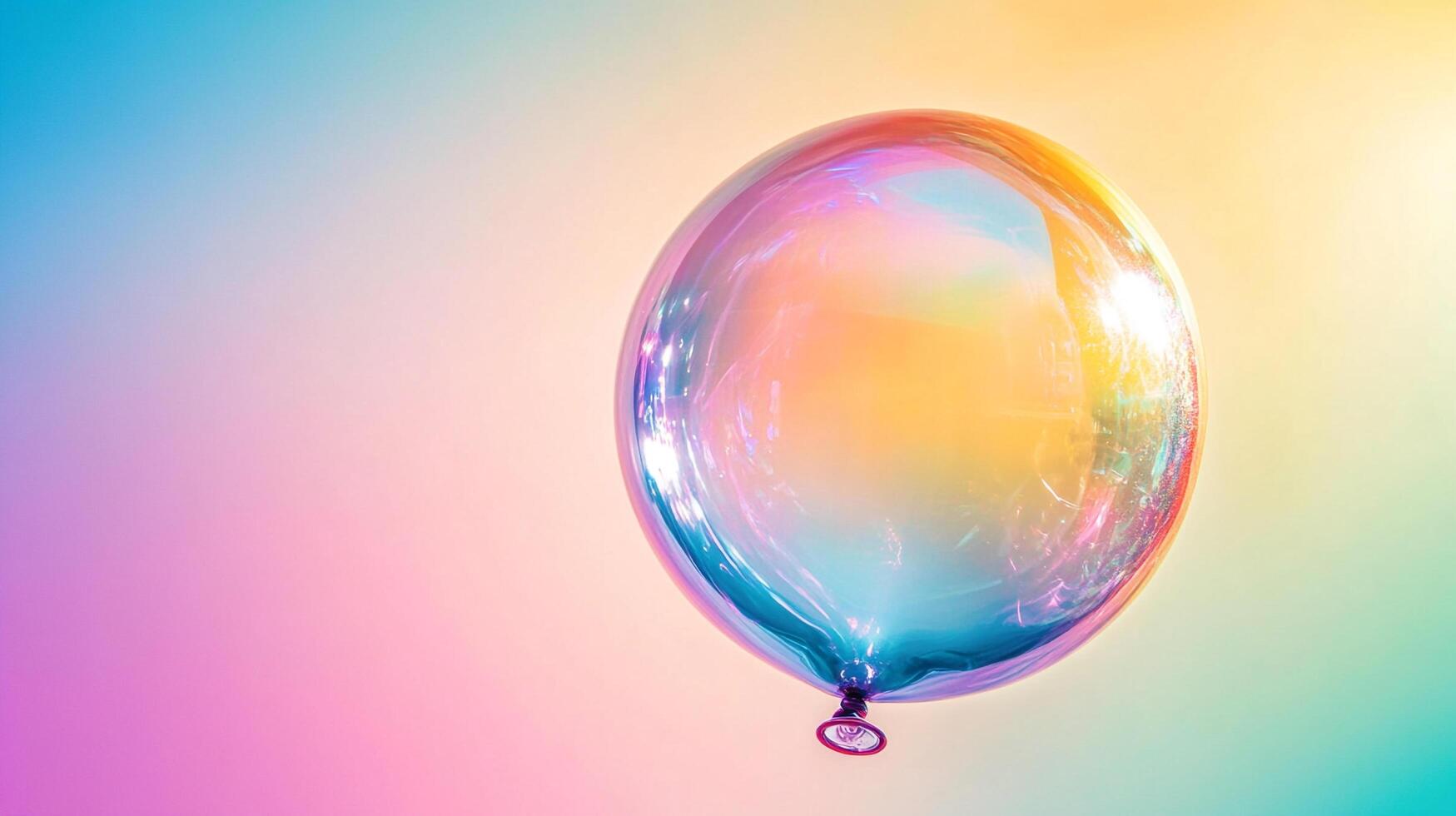 A mesmerizing iridescent balloon drifts against a dreamy gradient background, casting soft, multicolored reflections in this artistic shot. photo