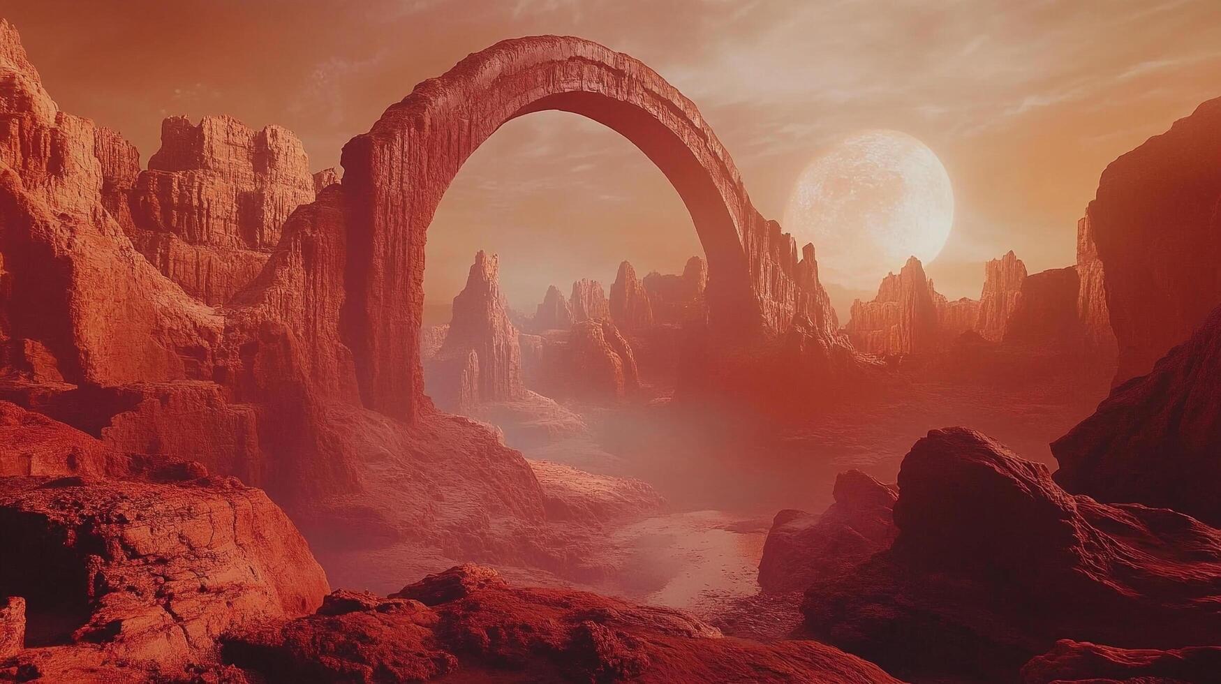 Arid landscape with arch formation, illuminated by a large celestial orb, evokes a sense of desolation and rugged beauty. photo