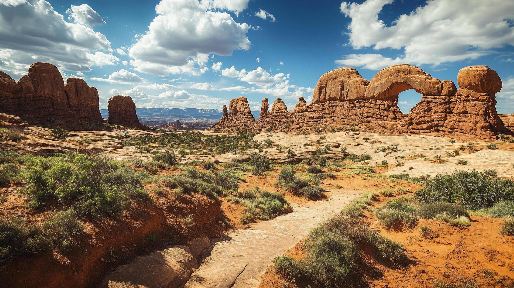 Desert landscape with sandstone formations under a partly cloudy sky. A scenic view showcasing nature's beauty and arid environment. photo