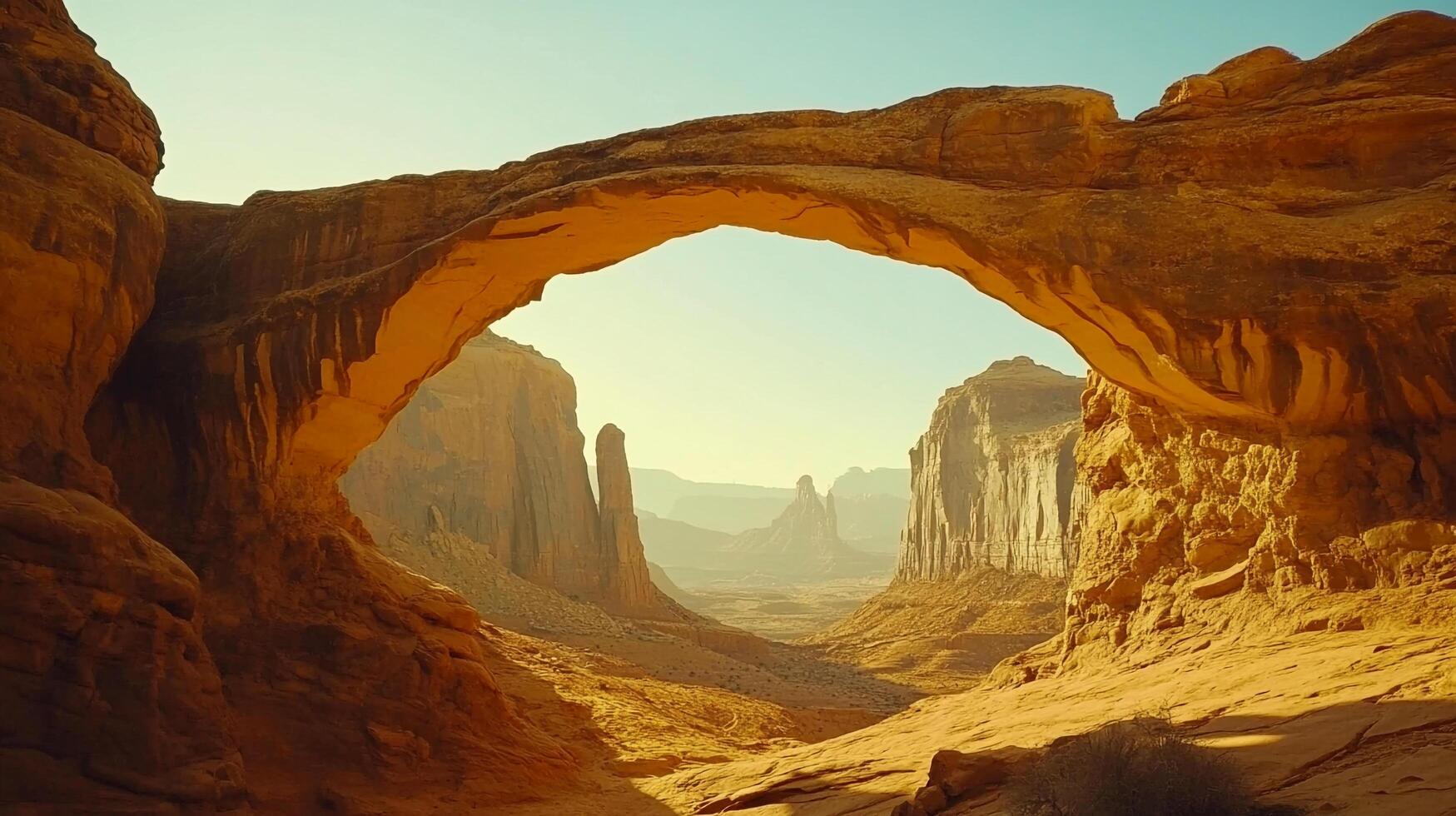 Monumental sandstone arch framing a vast desert landscape. Warm light enhances the textures and depth of the canyons and rock formations. photo