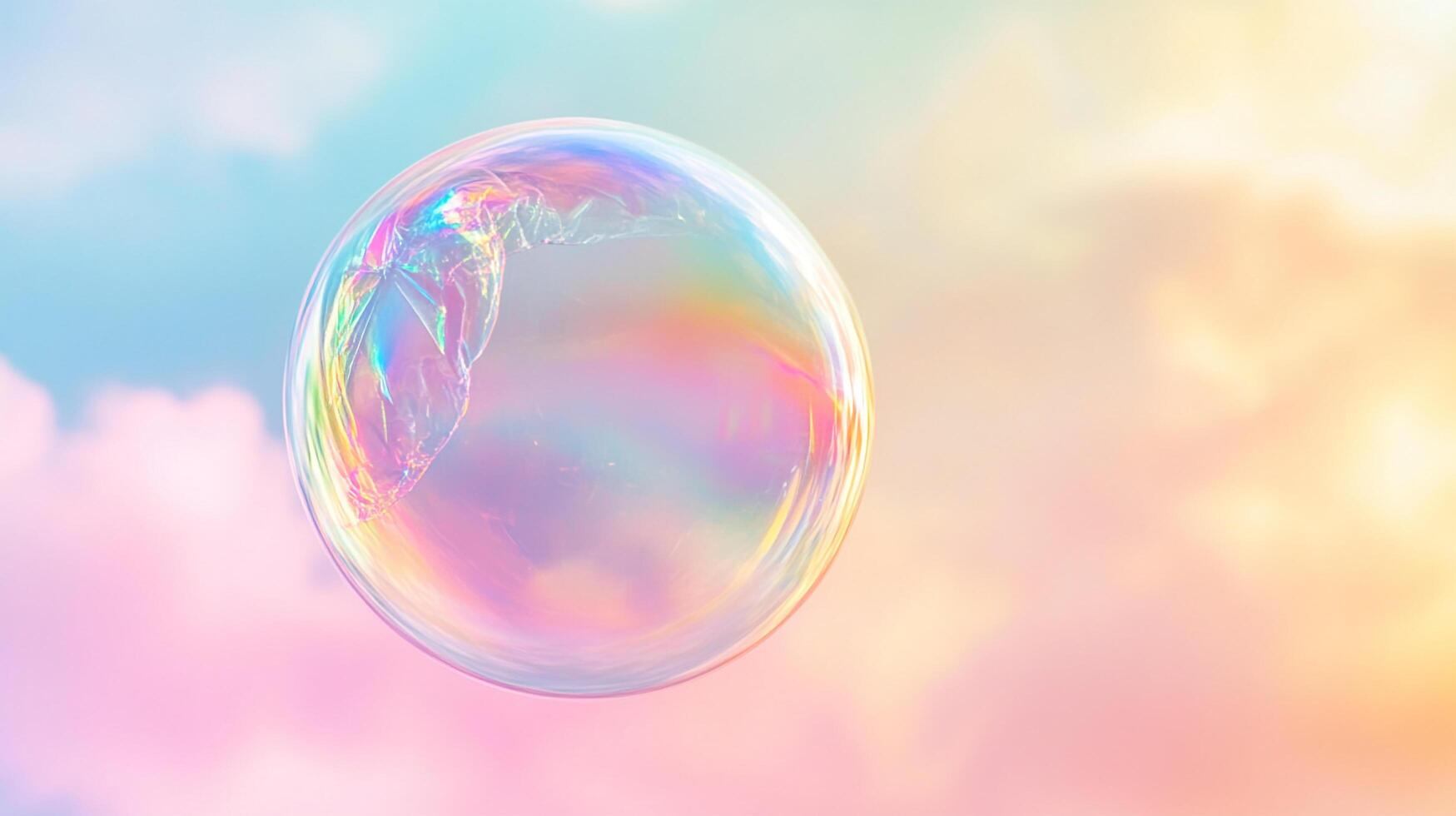 Floating ethereal sphere reflects prismatic light against a pastel sky. Dreams realized, wonder captured, fleeting beauty unveiled. photo