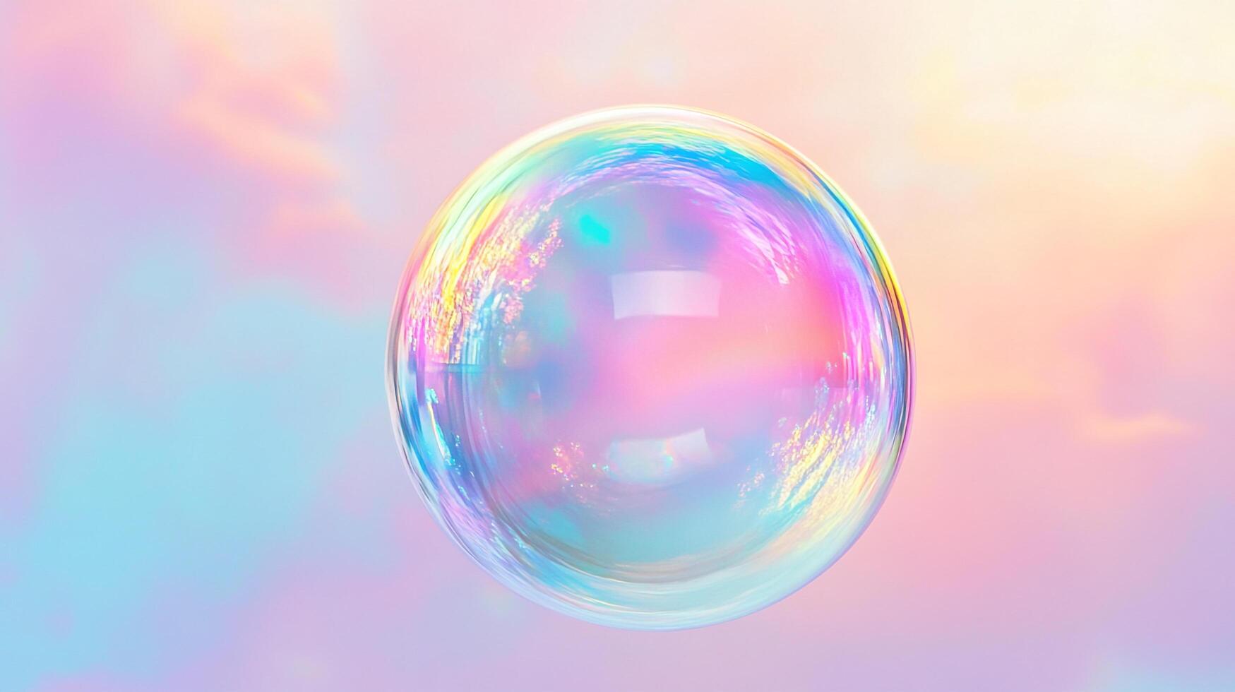 A mesmerizing iridescent sphere floats against a pastel sky, capturing a dreamlike and ethereal atmosphere with its vibrant reflections. photo