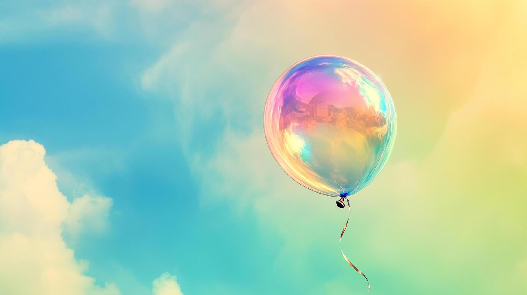 A transparent colorful sphere floats against a bright, dreamy sky filled with fluffy clouds, evoking a sense of whimsy and limitless possibility. photo