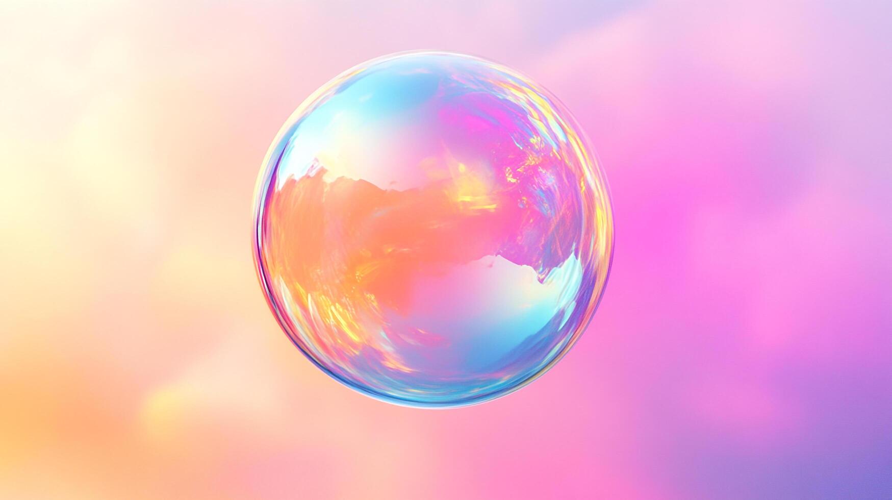 A mesmerizing sphere of iridescent colors floats against a gradient backdrop, blending pinks, oranges, and blues in a smooth transition. photo