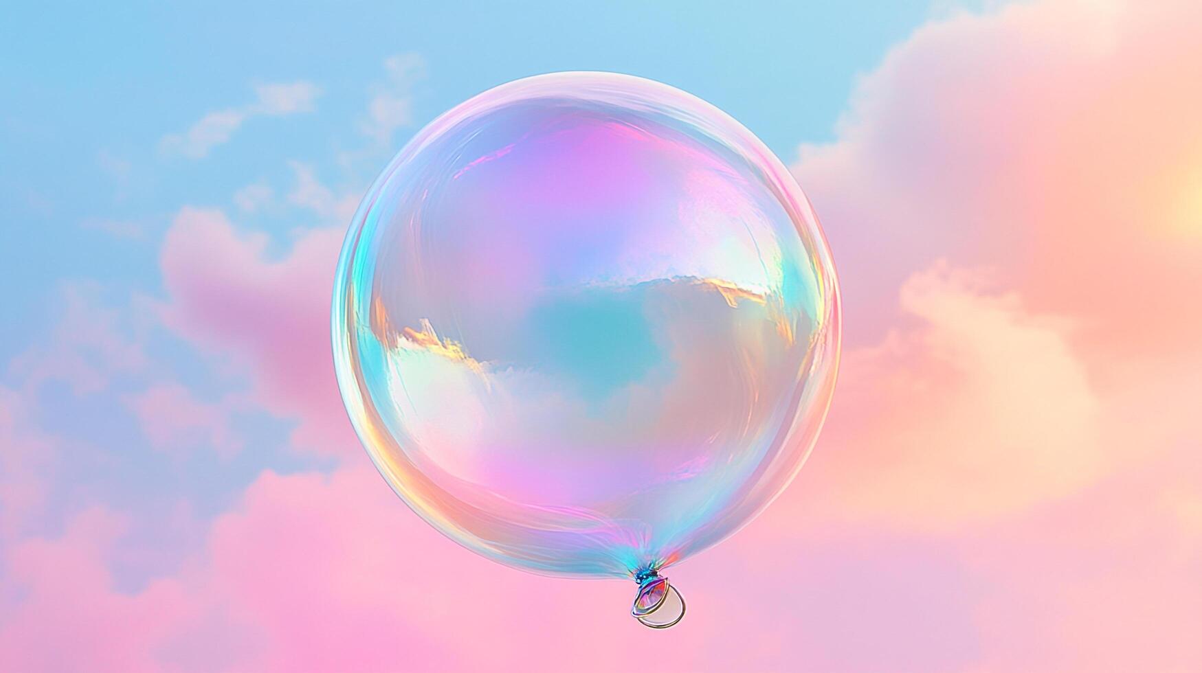 Iridescent bubble floating against a pastel sunset, reflecting the dreamy clouds in its delicate, translucent surface. photo