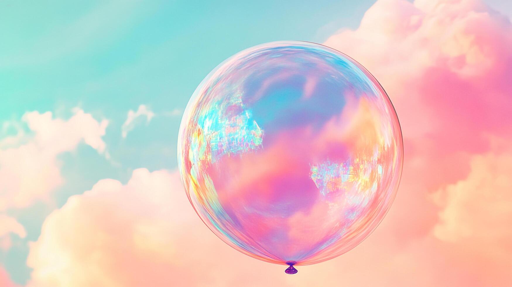 Floating iridescent bubble in the sky, reflecting soft pastel clouds. Whimsical and dreamy scene, evokes peace and imagination. photo