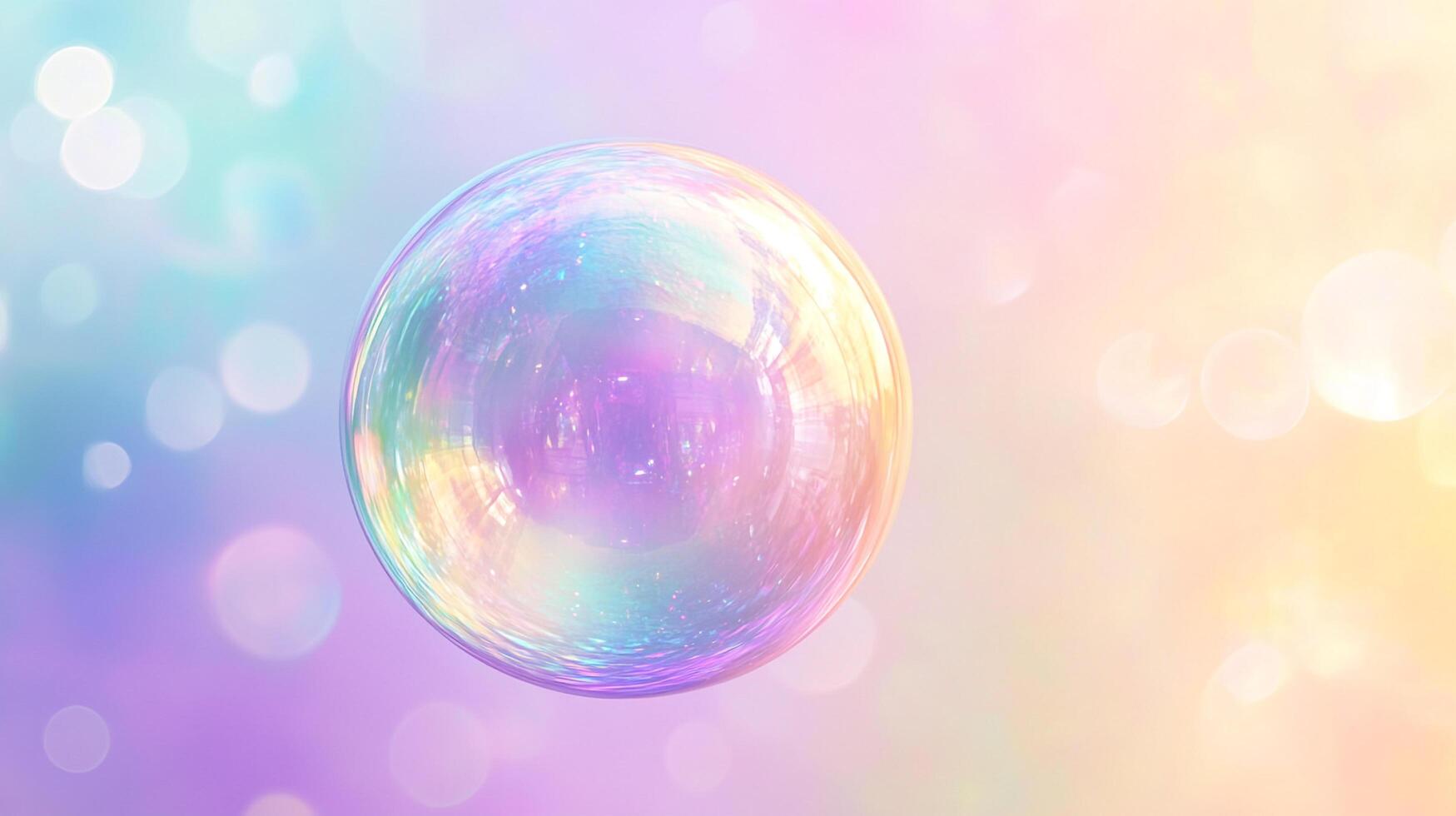 A mesmerizing iridescent bubble floats against a dreamy pastel bokeh background, captivating with its ethereal beauty and delicate charm. photo