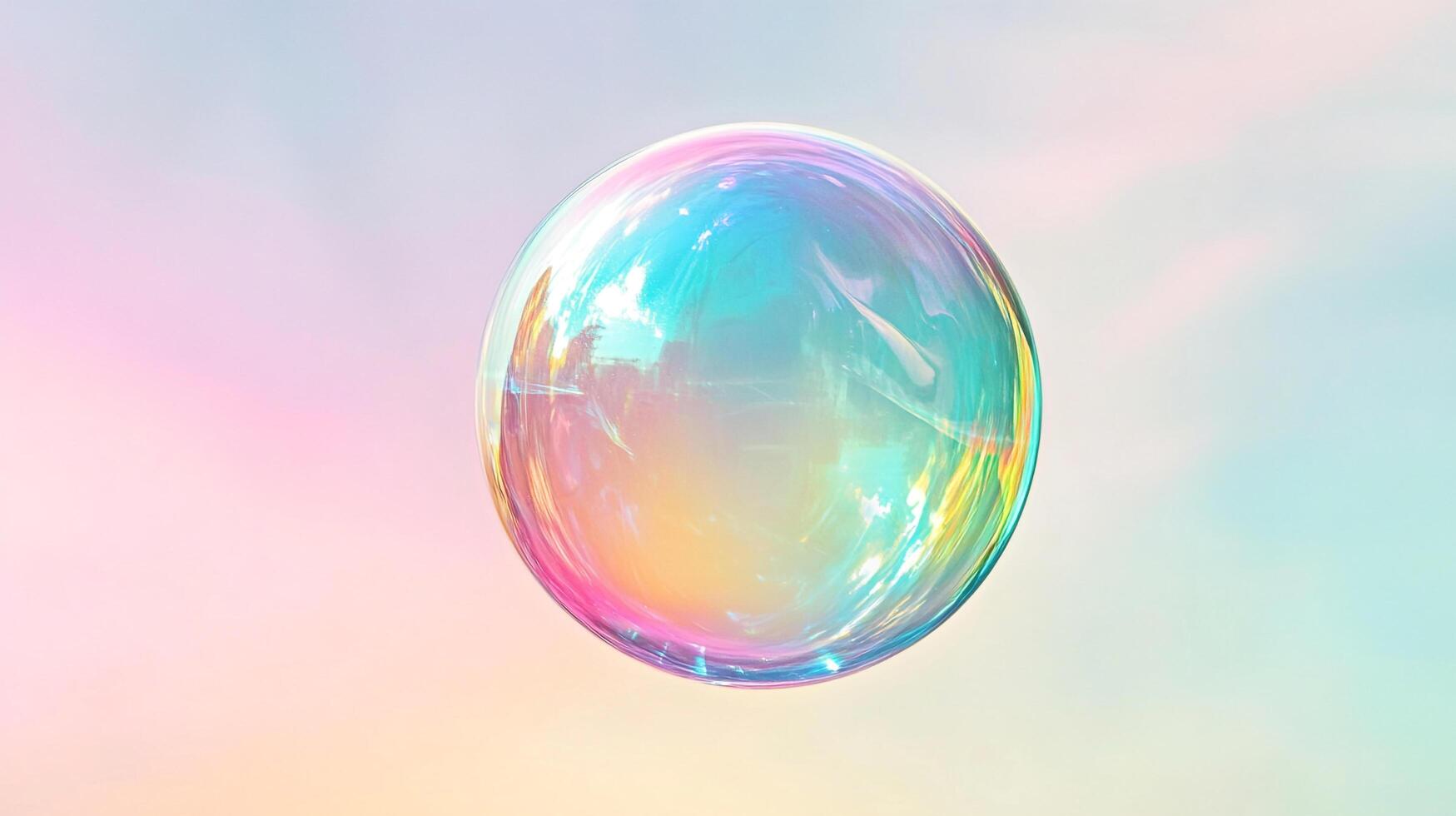 A vibrant iridescent sphere floats against a pastel background, captivating with its rainbow colors and smooth, glass-like surface. photo