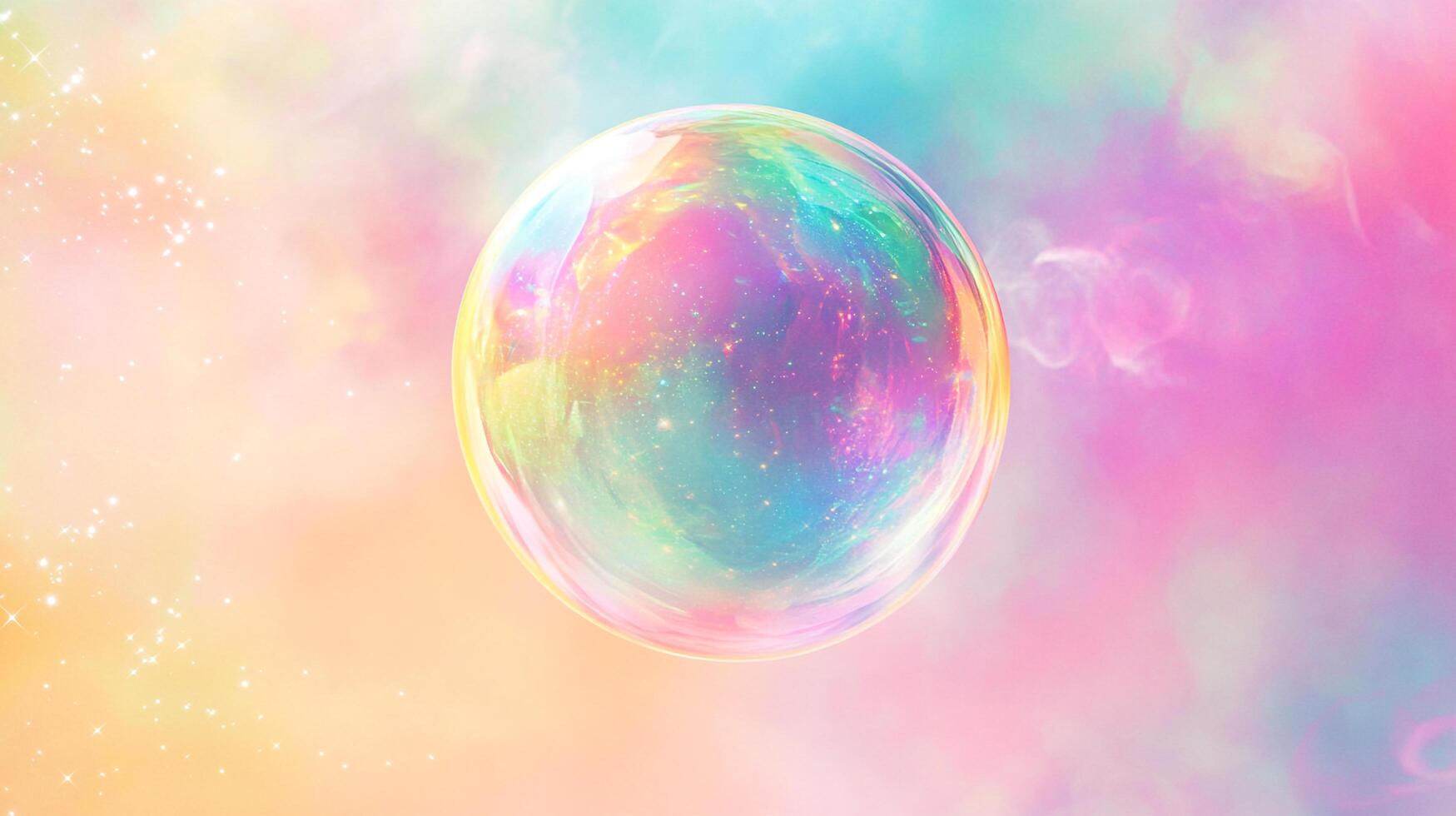 A shimmering, iridescent bubble floats amidst a pastel dreamscape, capturing light and color in its delicate, ethereal sphere. photo