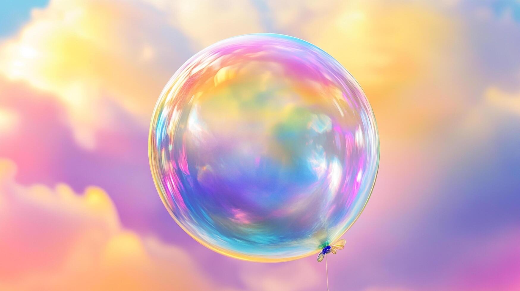 A shimmering, iridescent bubble floats against a dreamy, pastel sky, filled with soft clouds. Captured in a painterly artistic style. photo