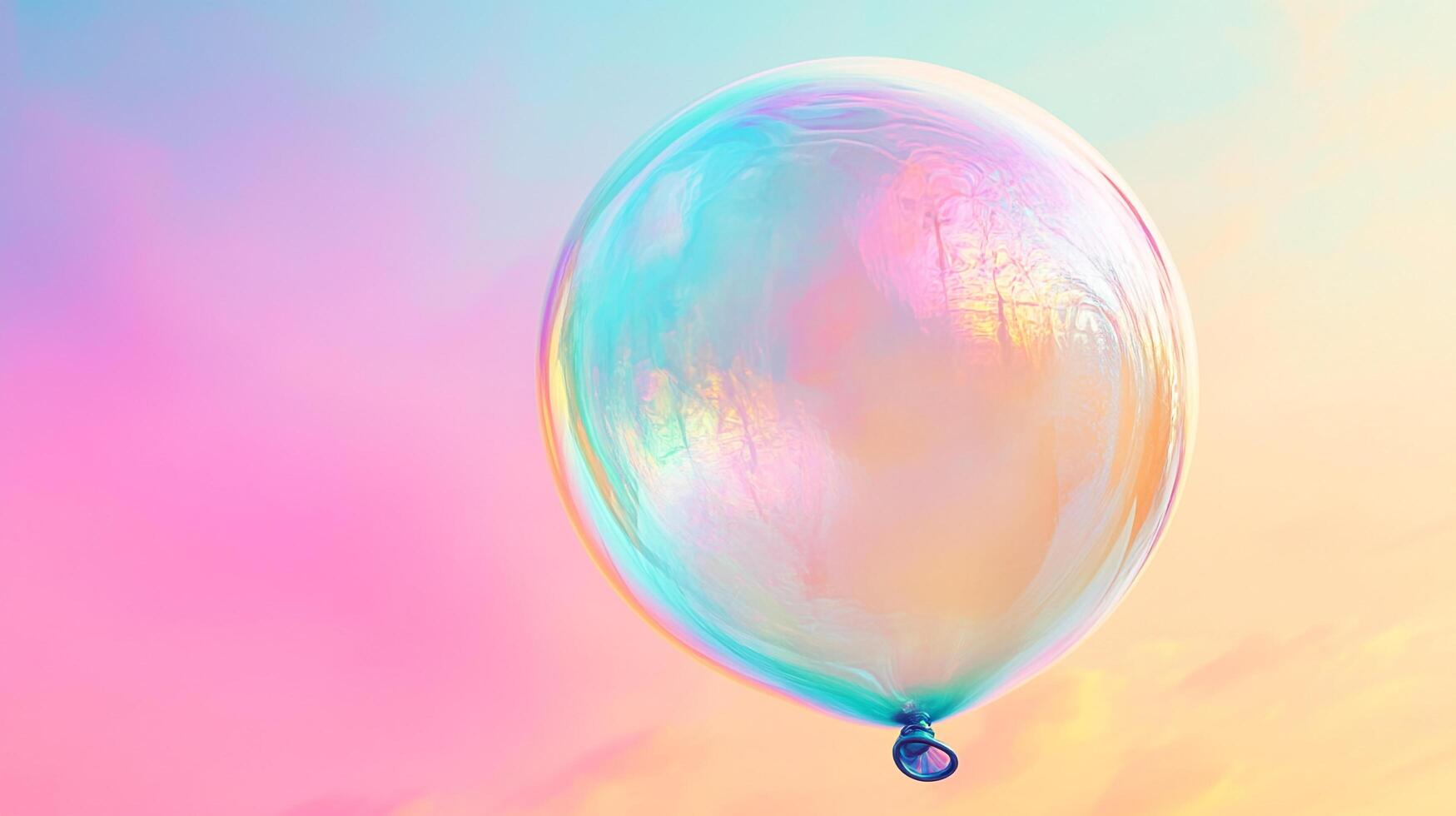 Iridescent balloon floating in dreamy pastel skies, showcasing ethereal beauty. Light refracts, creating magical rainbow shimmer and airy lightness. photo