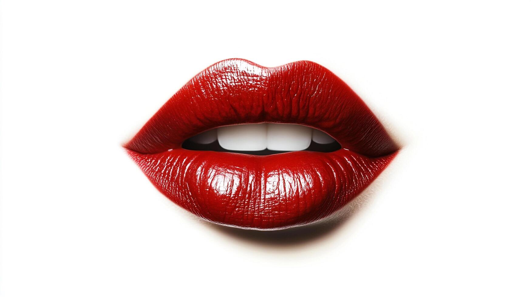 Close-up image of lips with bright red glossy lipstick and visible white teeth against a clean white background in a studio setting. photo