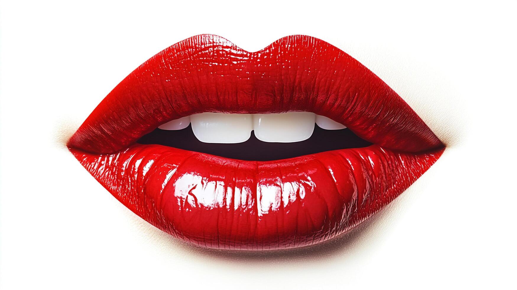 A striking close-up of glossy red lips slightly parted, revealing a glimpse of white teeth against a stark white background, captivating and bold. photo