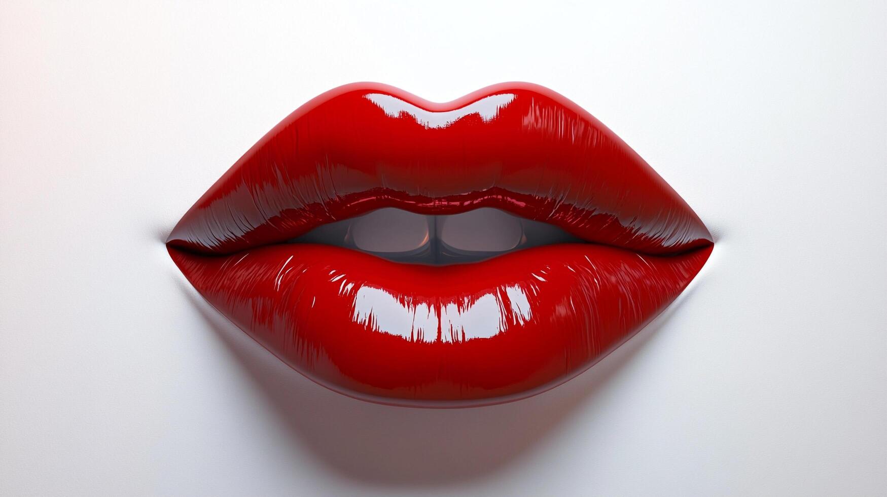 Glossy red lips stand out against a clean, white background, creating a striking visual with its bold color and simple setting. photo