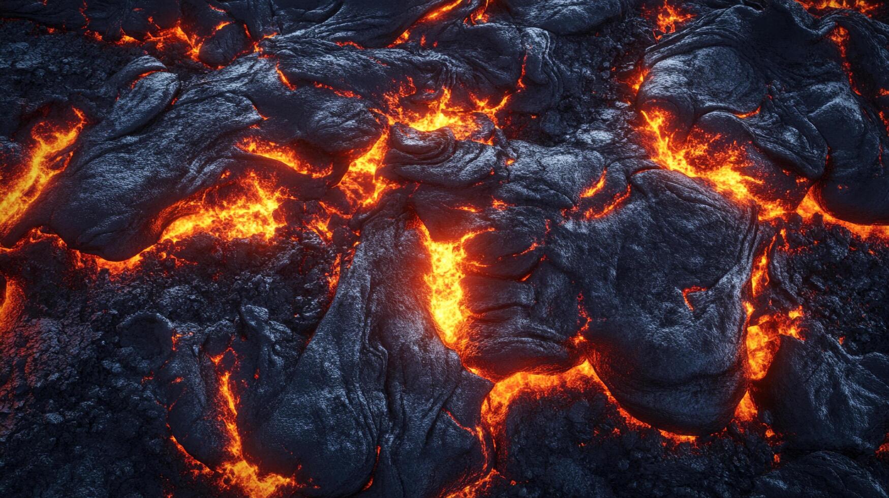 Molten rock flowing into cracks of solidified lava. Extreme heat and texture are captured from a top-down view. photo