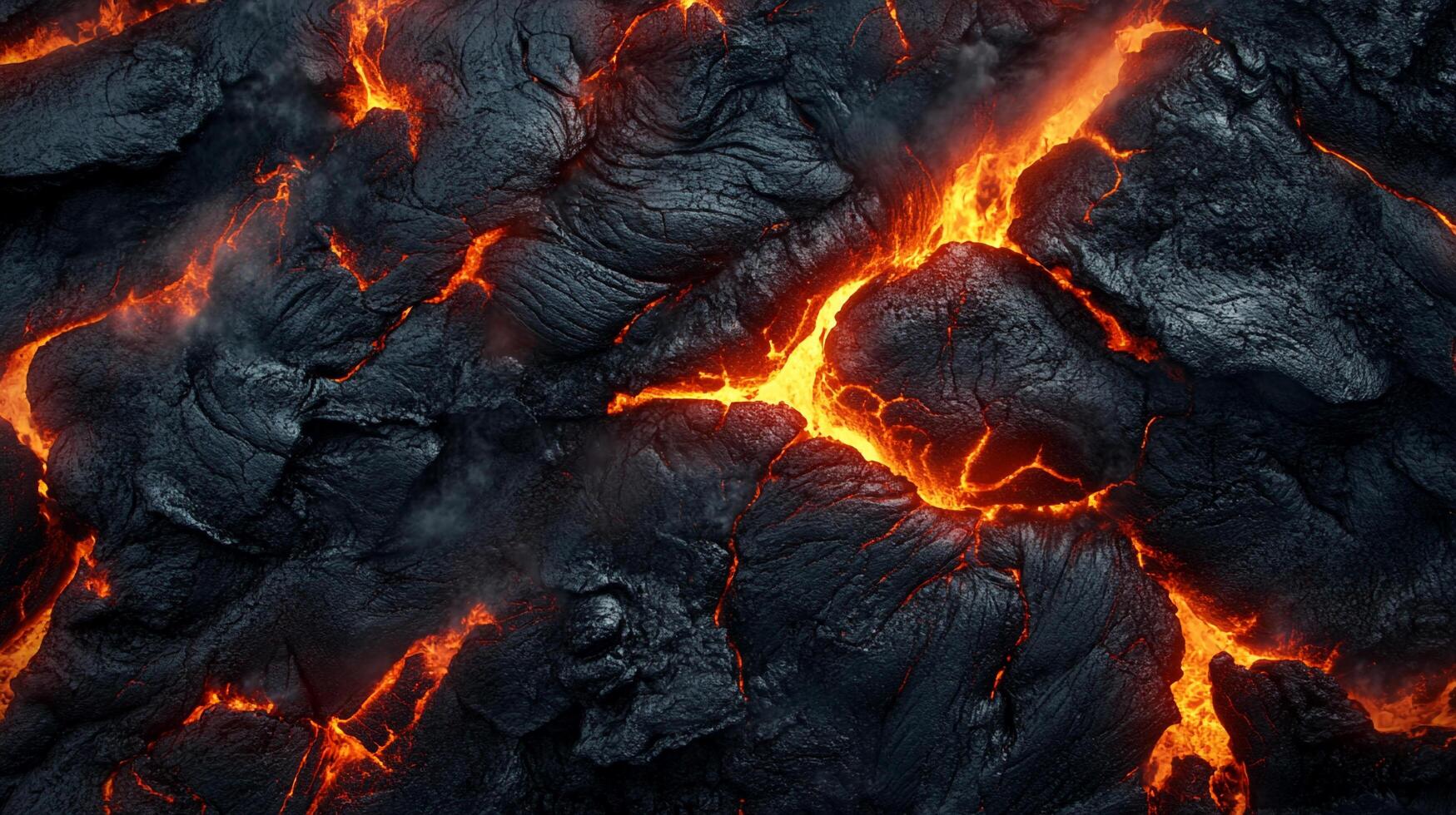 Molten rock cools, forming a dramatic volcanic landscape. Heat radiates as lava solidifies into black, textured terrain. Eruption aftermath. photo