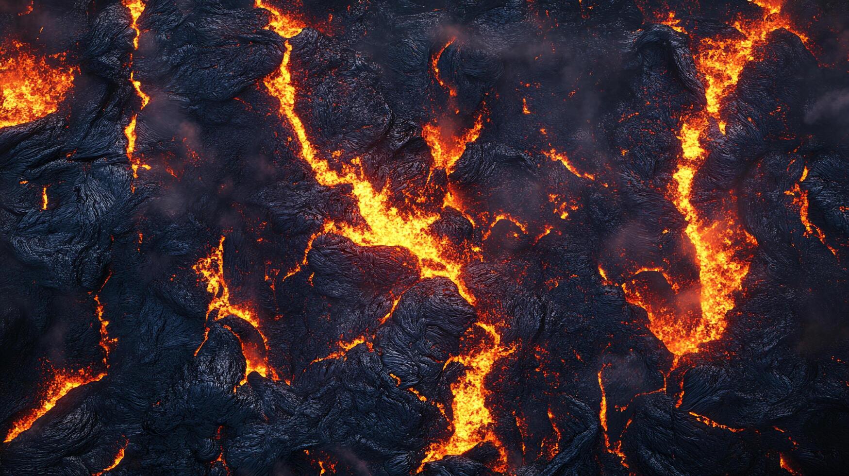 Molten lava flows across a rugged landscape, incandescent and intense, creating a dramatic and fiery scene of geothermal activity. photo