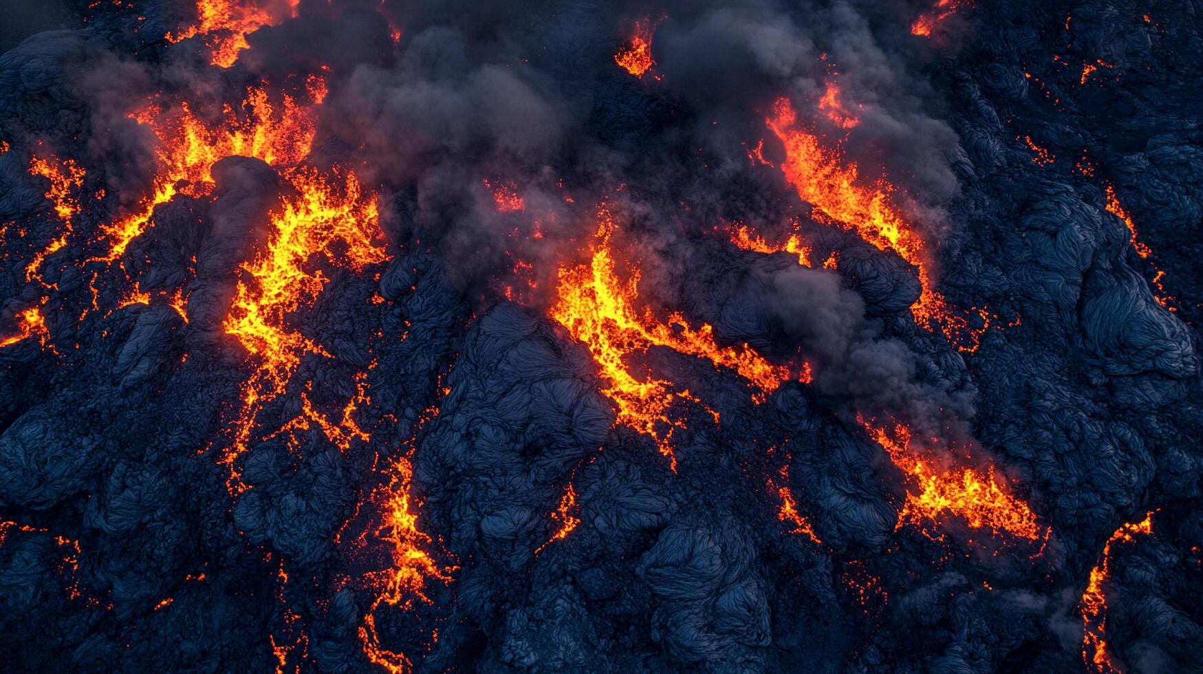 Aerial view of molten lava flow from an erupting volcano, contrasting vibrant orange streams against dark, cooling volcanic rock and smoke. photo