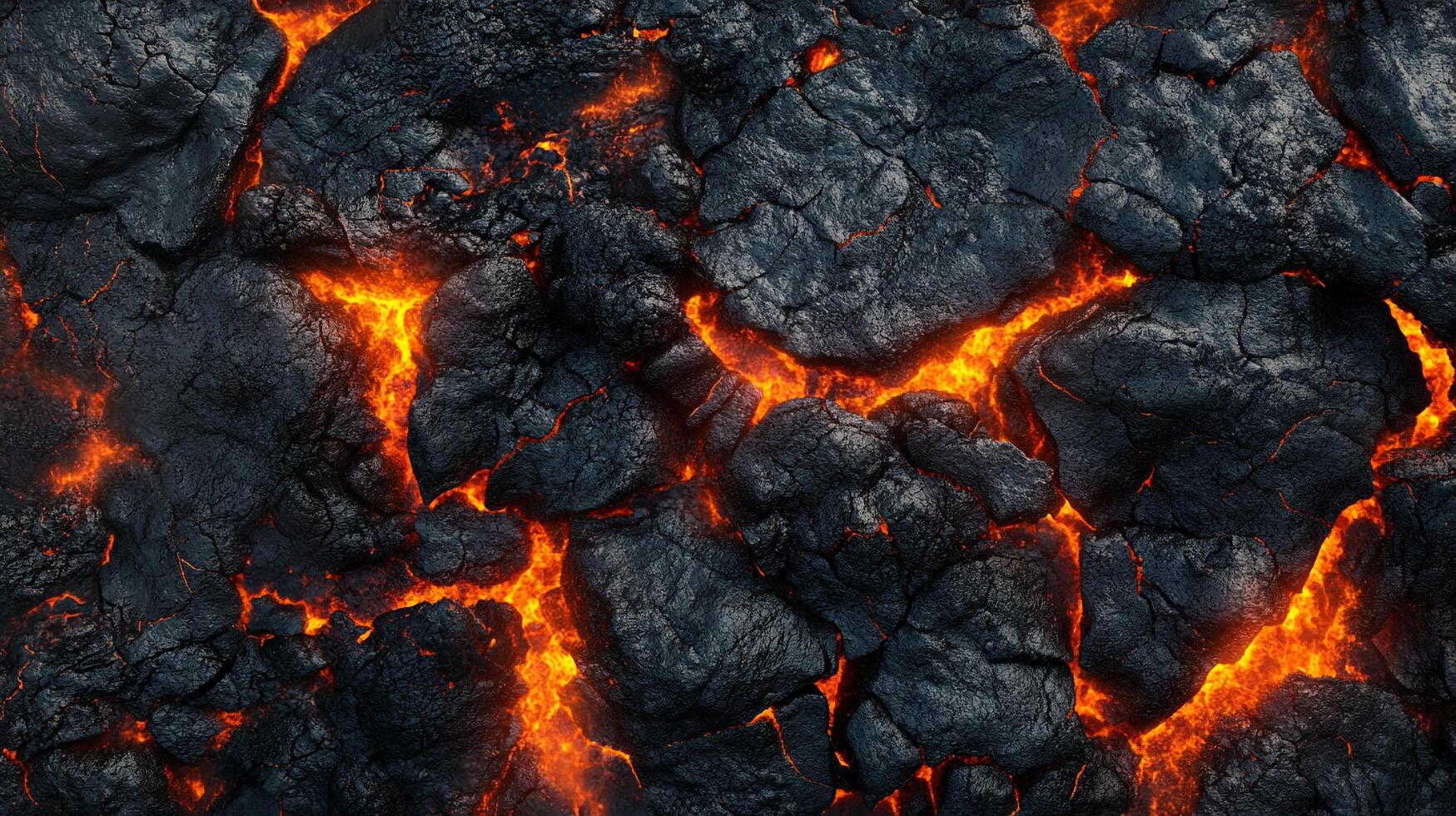 Molten rock seeps through cracks in cooling lava. Fiery orange contrasts with dark volcanic rock in this abstract geological display. photo