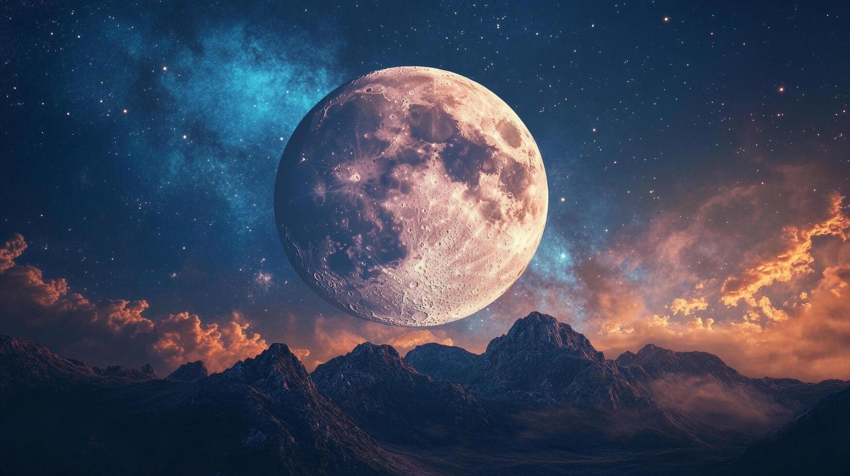 Full moon rises over a landscape of mountains, bathed in starlight. A cosmic view of space, clouds, and celestial wonder. photo