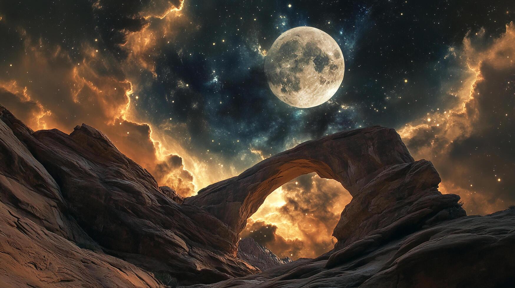 A breathtaking view of a full moon shining above a natural stone arch, set against a colorful, swirling night sky. photo