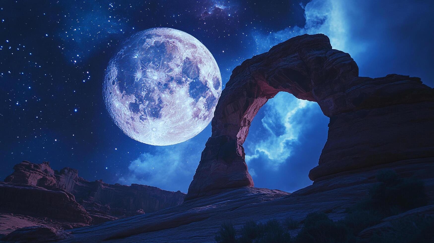 Stunning full moon rising over a natural stone arch, set against a backdrop of a starry night sky and ethereal clouds. photo