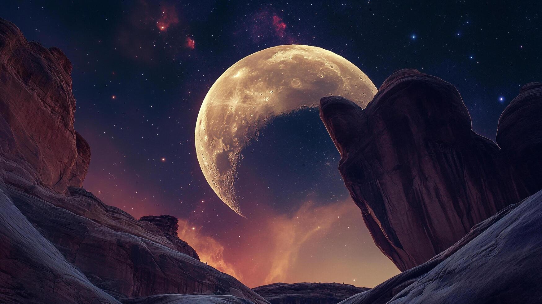 Spectacular view of a giant moon and a dramatic rocky landscape under a starlit sky, creating a surreal and captivating scene. photo