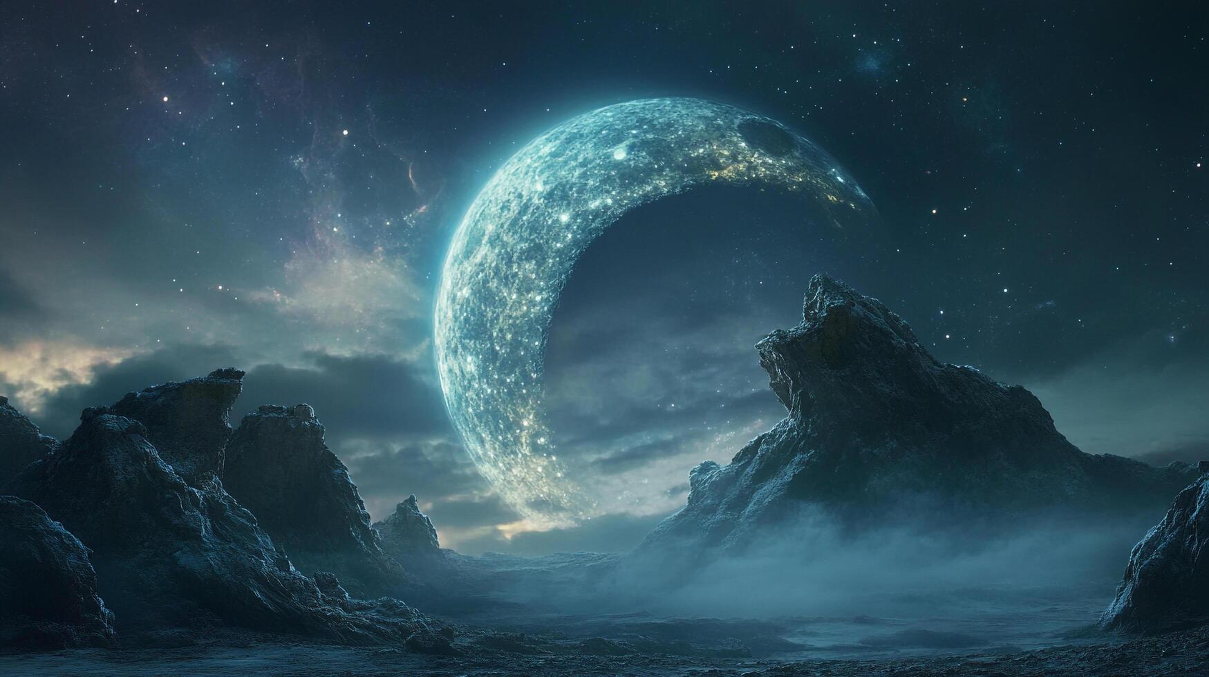 A celestial vista featuring a large, luminous planet dominating the sky above a rugged, rocky terrain, under a blanket of stars. photo
