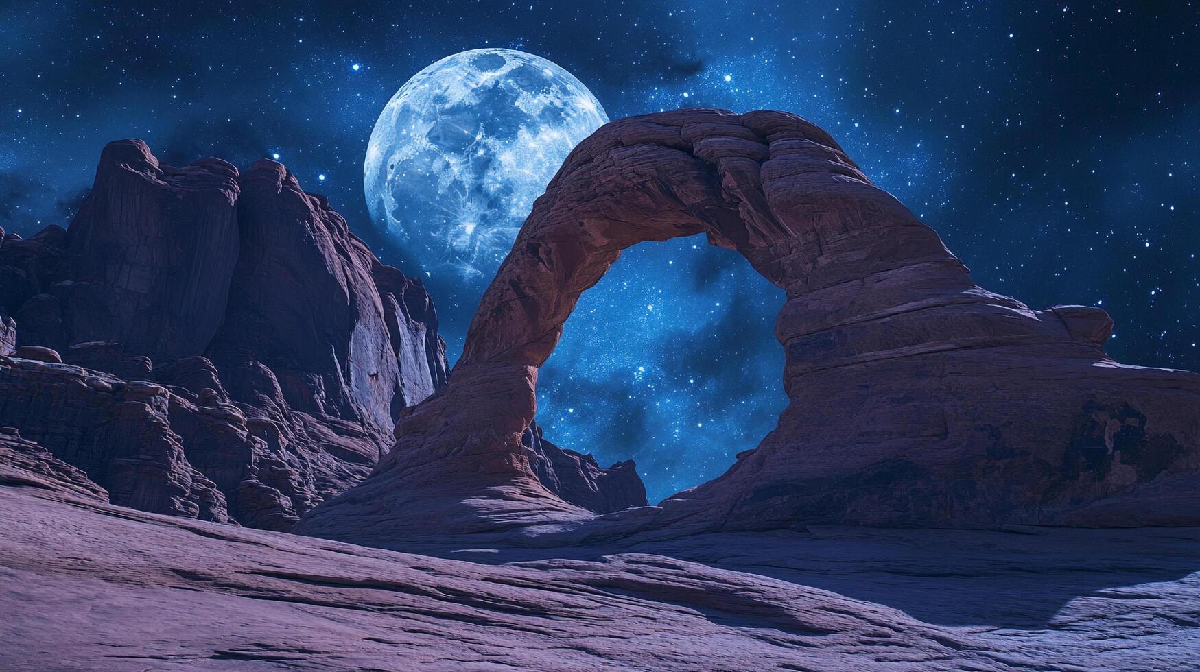 Arches National Park under a starry night sky with a full moon creates a magical scene, emphasizing the beauty of the landscape and night. photo