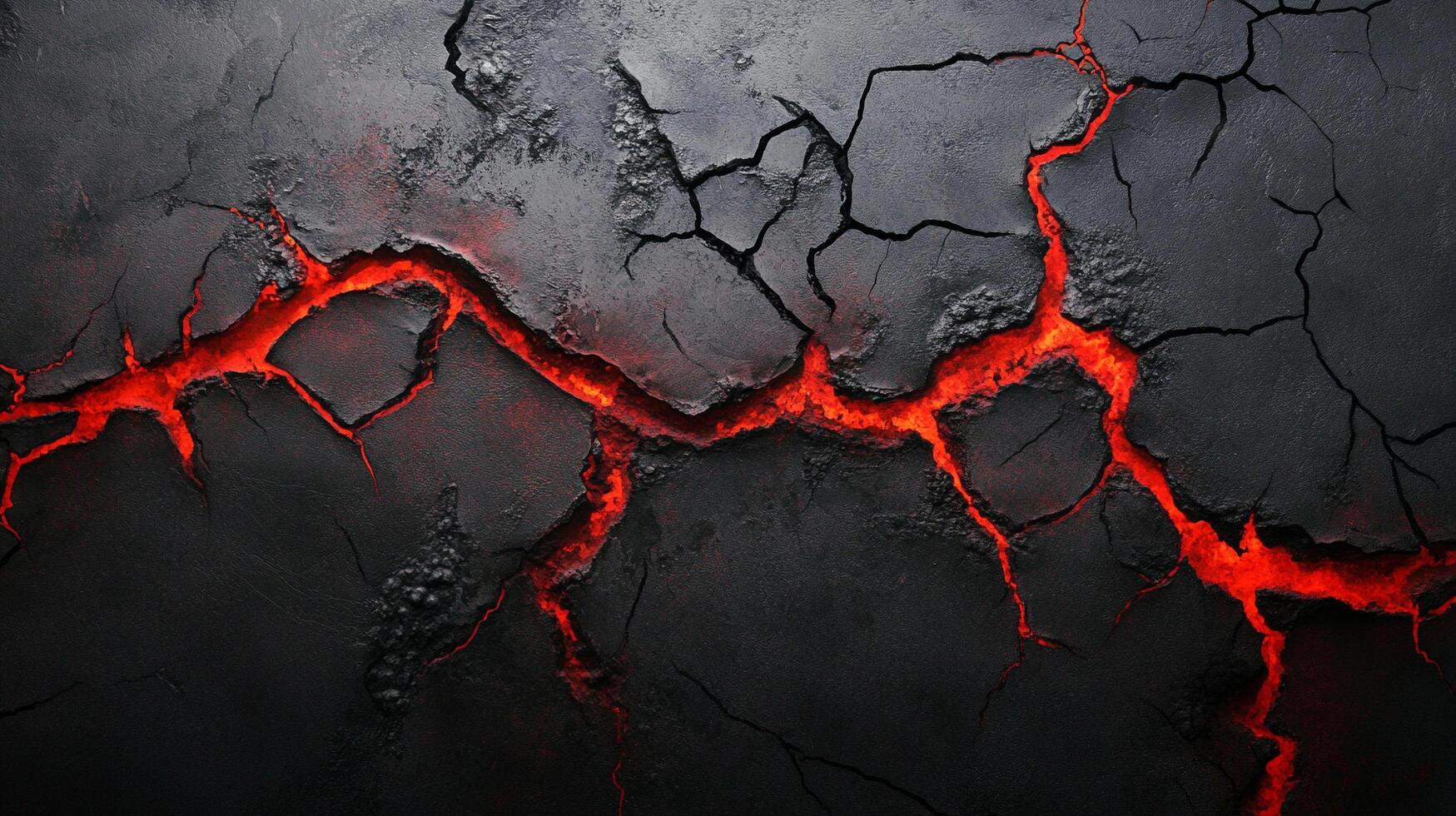 A striking image showing the earth cracking open with hot orange lava shining through against the cold, dark rock surface. photo