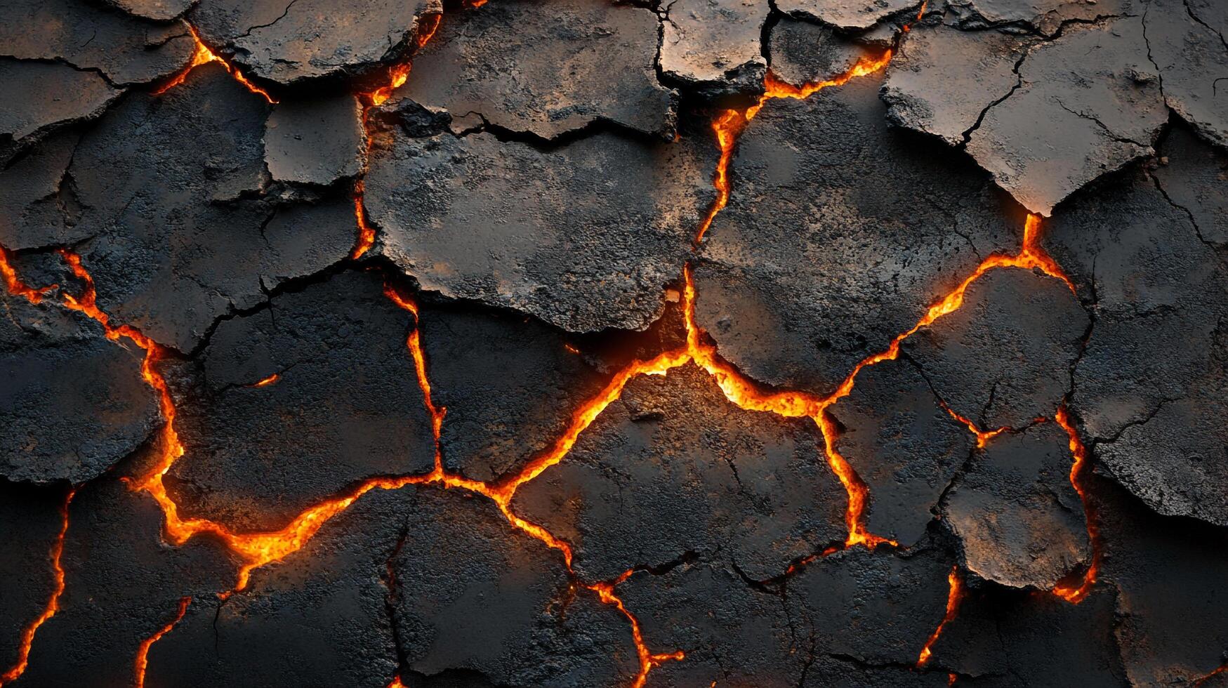 Molten cracks sear through dark, fractured earth, an inferno beneath a broken surface, revealing the planet's fiery core. A volcanic texture. photo