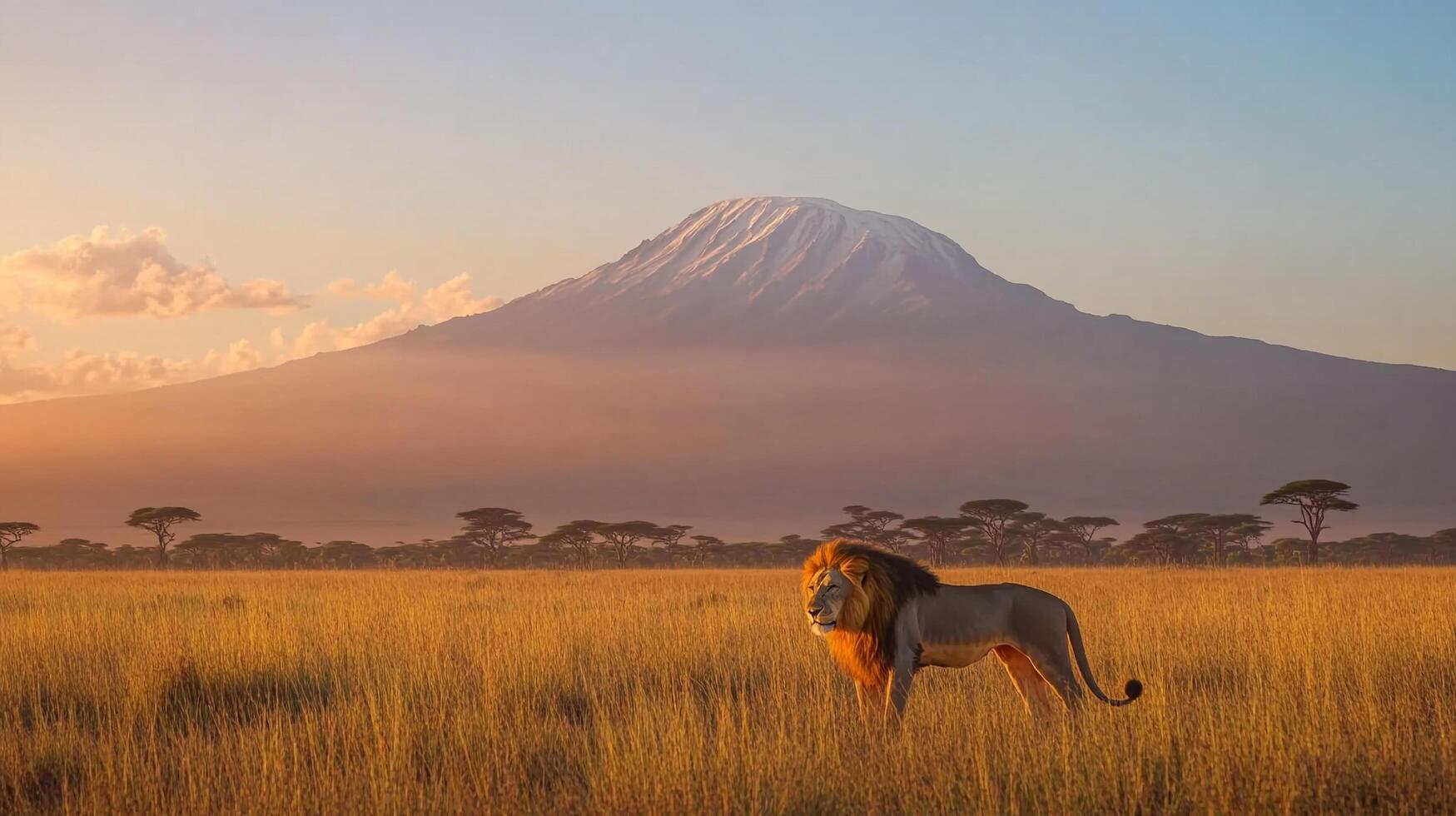 Majestic lion standing tall in the African savanna with Kilimanjaro looming in the background during a beautiful sunset. photo
