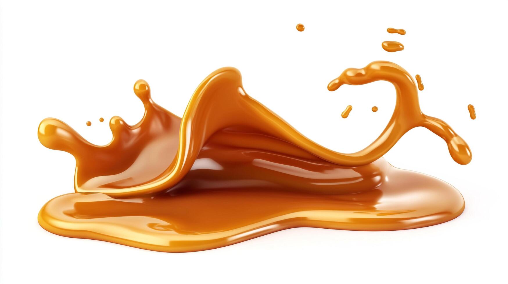 Golden caramel erupts, a sweet, flowing cascade on white. Indulge in the velvety texture and rich color of this liquid treat. photo