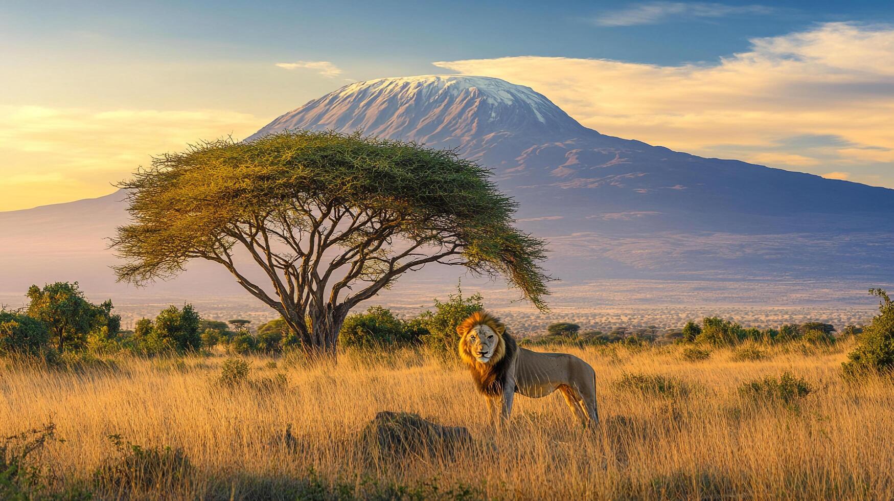 African Lion stands majestically in the golden savanna, with Kilimanjaro as a stunning backdrop. A wild portrait of nature's grandeur. photo