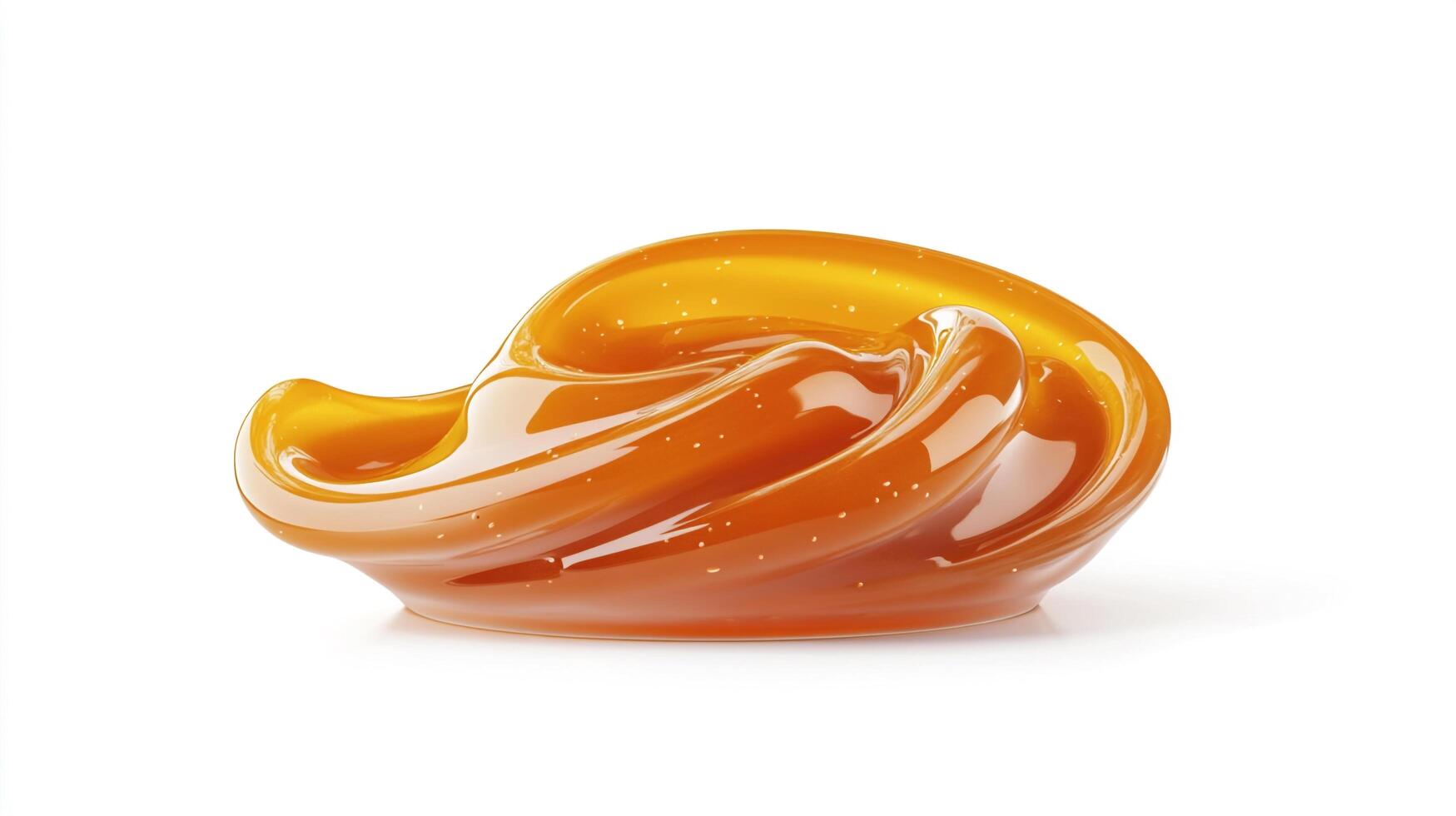 A swirl of golden, viscous fluid glistening against a stark white backdrop, showcasing its glossy texture and warm, amber hue. photo