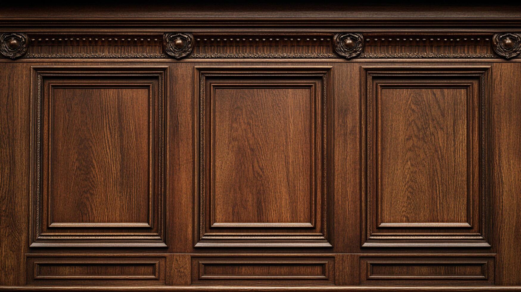 Elaborate wood wall panelling with ornamental details and rich, dark tones. The structure features rectangular segments. Carved detailing. photo