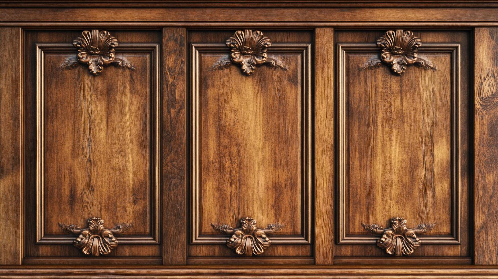Ornate wood paneling with intricate carvings. Beautiful rich natural wood grain texture. Classic design with a vintage charm aesthetic. photo