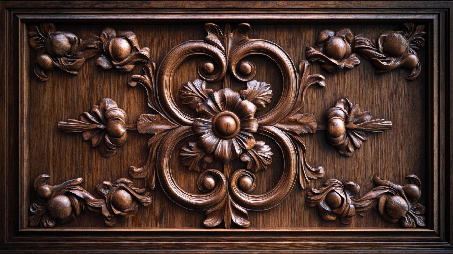 Intricate wood carving featuring ornate floral and scroll designs, highlighting craftsmanship and decorative art on a dark wooden surface. photo