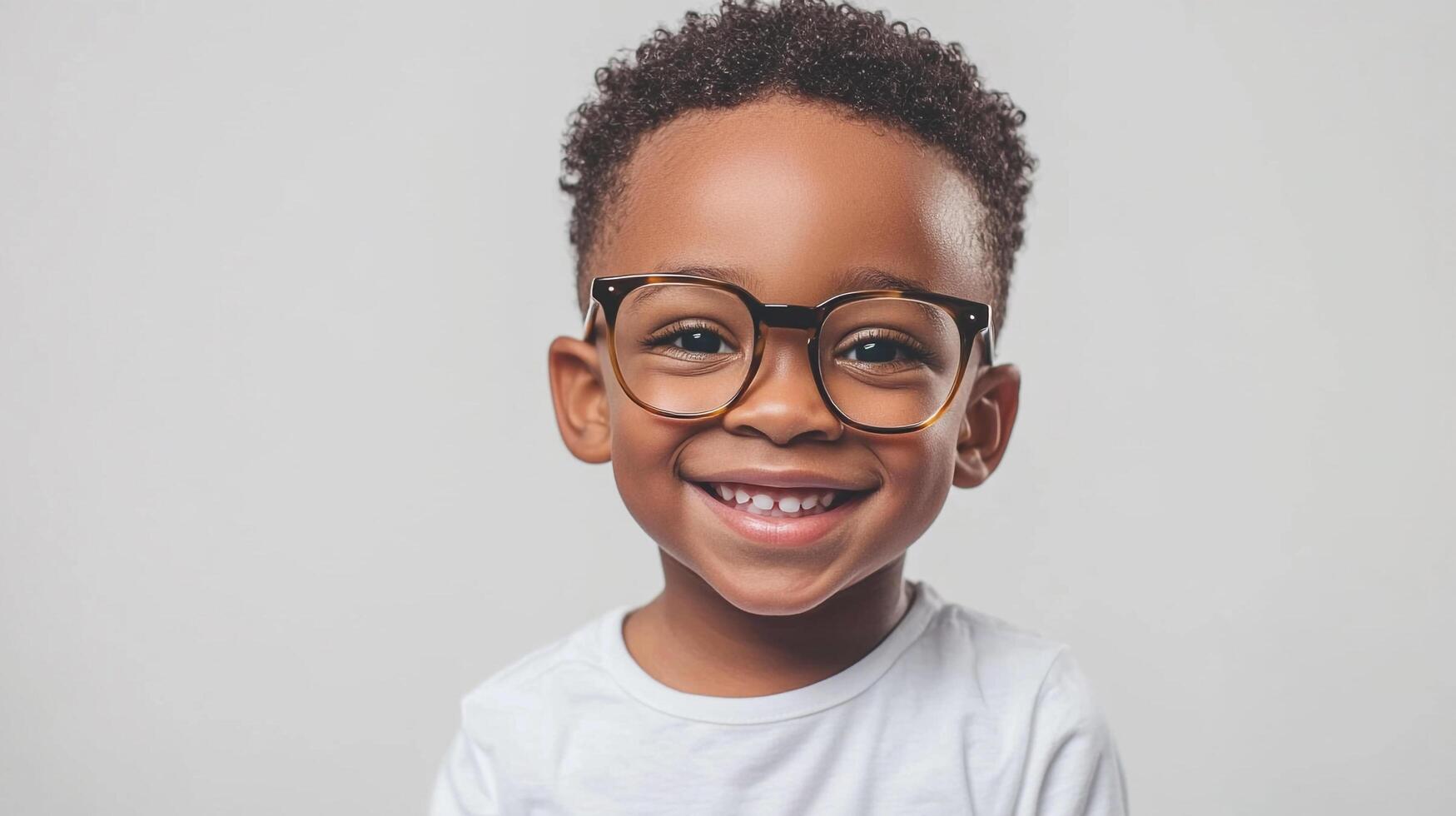 A young, smiling child with eyeglasses poses against a plain backdrop, radiating warmth and innocence with their curly hair and happy demeanor. photo