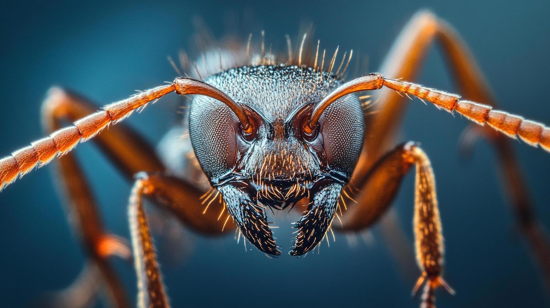 Extreme closeup of an ant's face. The ant's mandibles are prominent, antennae outstretched, with detailed compound eyes. Focus on intricate details. photo