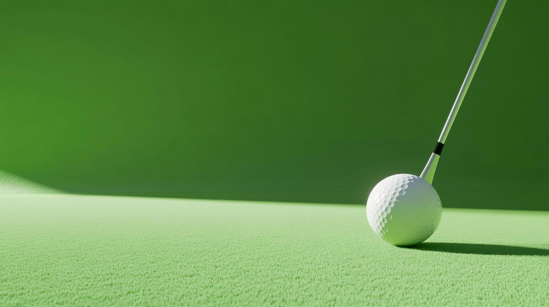Close-up of a golf ball on the green grass, poised for a shot. The club is positioned to strike the ball in a bright, minimalistic scene. photo