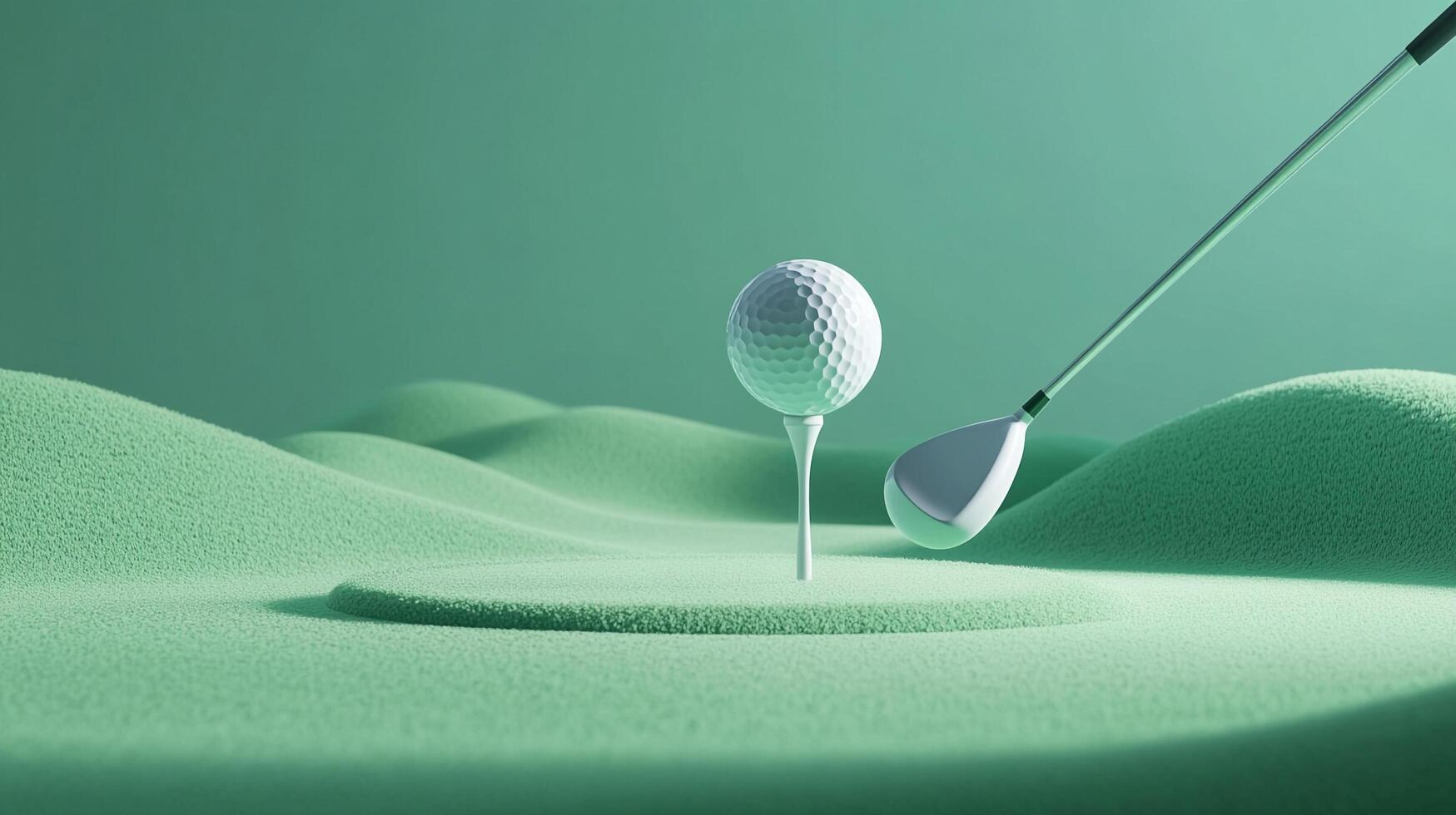 Minimalist scene depicting a golf ball on a tee next to a club, set against a backdrop of green grassy hills in a monochromatic color scheme. photo
