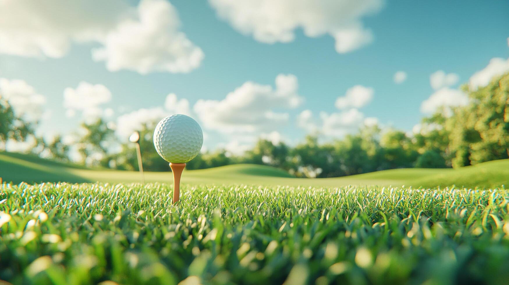 A golf ball sits atop a tee, ready for a swing, against a background of green grass and a clear blue sky dotted with fluffy white clouds. photo